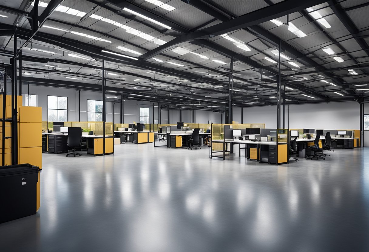 A spacious warehouse office with modern furniture and efficient layout, featuring strategic placement of equipment and technology for streamlined operations