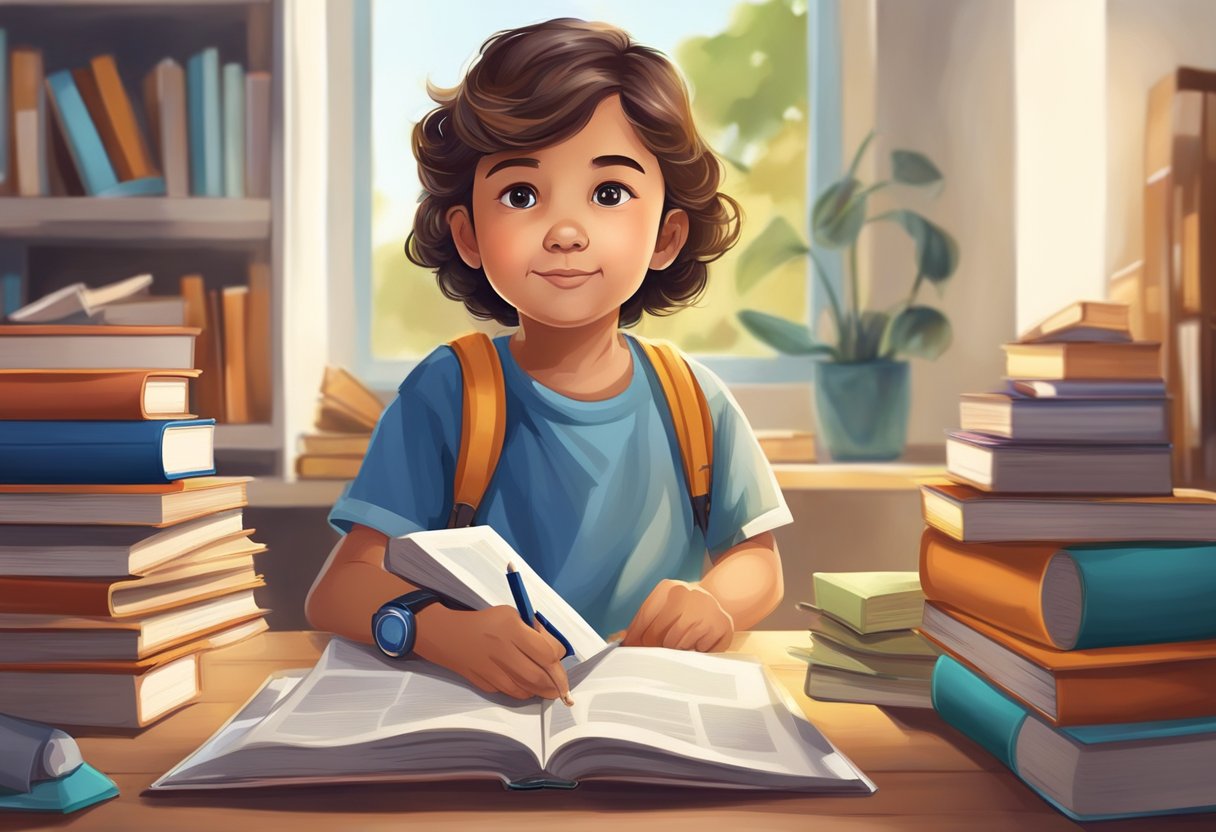 A child surrounded by books and educational materials, with a confident and determined expression, exploring different career paths