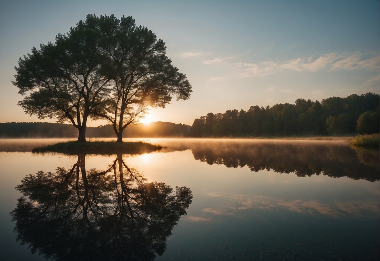 A serene setting with a tranquil atmosphere, featuring elements of nature and stillness, evoking a sense of peace and inner reflection