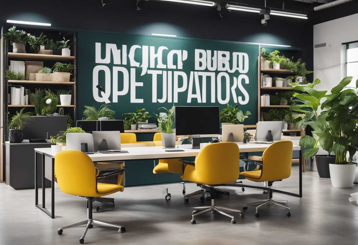 A bright, modern office with vibrant colors and bold typography. A large wall display of frequently asked questions. Brightly colored furniture and plants add a lively atmosphere
