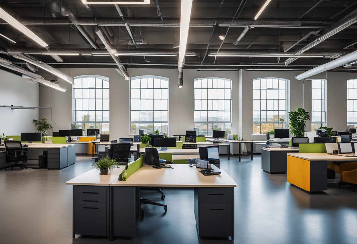 The warehouse office space features modern, open layout with natural light, ergonomic furniture, and vibrant accent colors