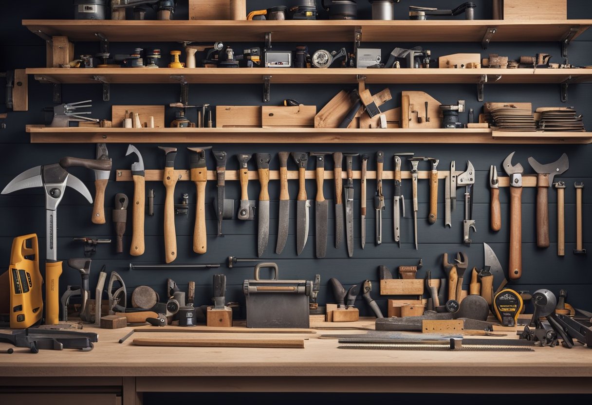 A cluttered workbench holds saws, hammers, chisels, and measuring tools. Wood planks and plywood lean against the wall. Shelves are stocked with nails, screws, and other hardware