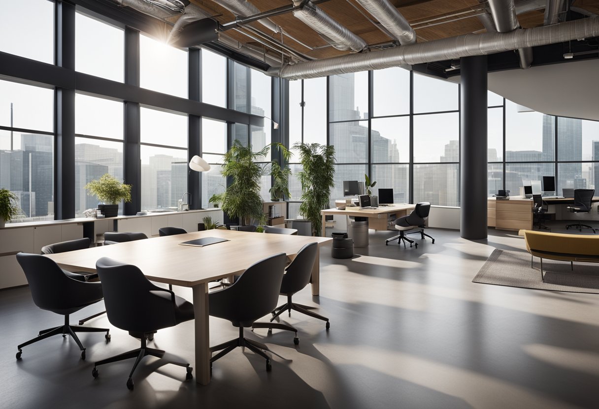 The architect office features sleek, minimalist furniture and large windows for natural light. A central communal workspace encourages collaboration, while private meeting areas offer privacy