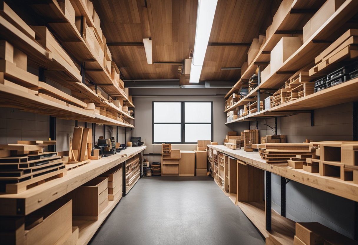 A well-organized workshop with shelves of high-quality wood, neatly arranged tools, and stacks of various carpentry supplies in Singapore