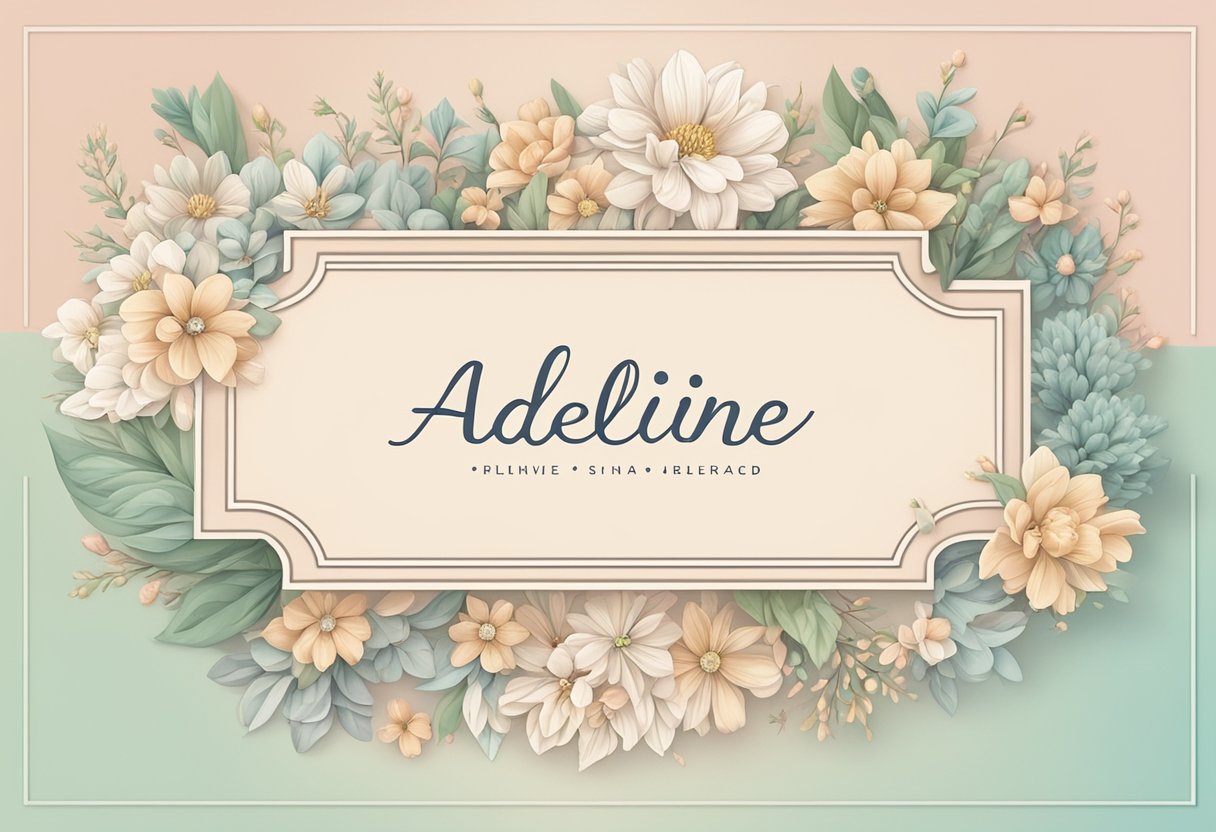 A baby name "Adeline" displayed on a banner with soft pastel colors and delicate floral designs, evoking a sense of elegance and femininity