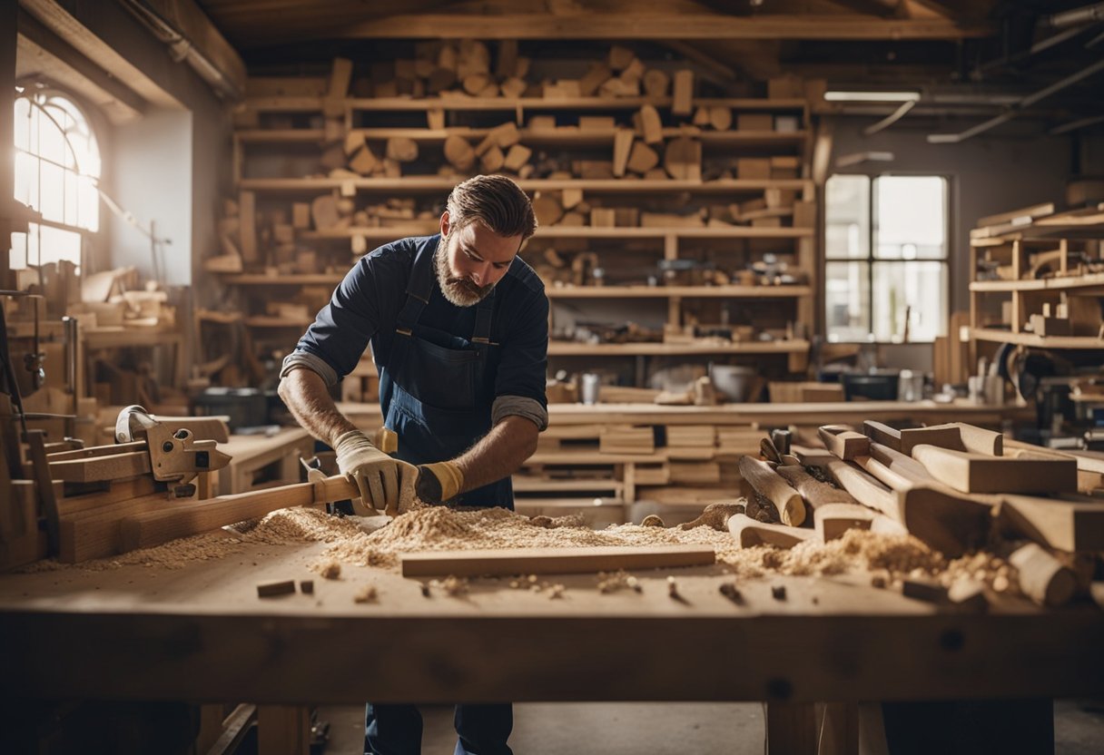 A carpenter is customizing wood in a well-lit workshop, surrounded by various carpentry tools and supplies. The workbench is cluttered with sawdust and wood shavings, and there are unfinished wooden pieces scattered around