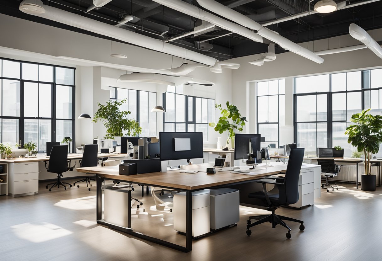 An open and airy architect office with modern, global inspirations and localized designs. Clean lines, natural light, and collaborative workspaces