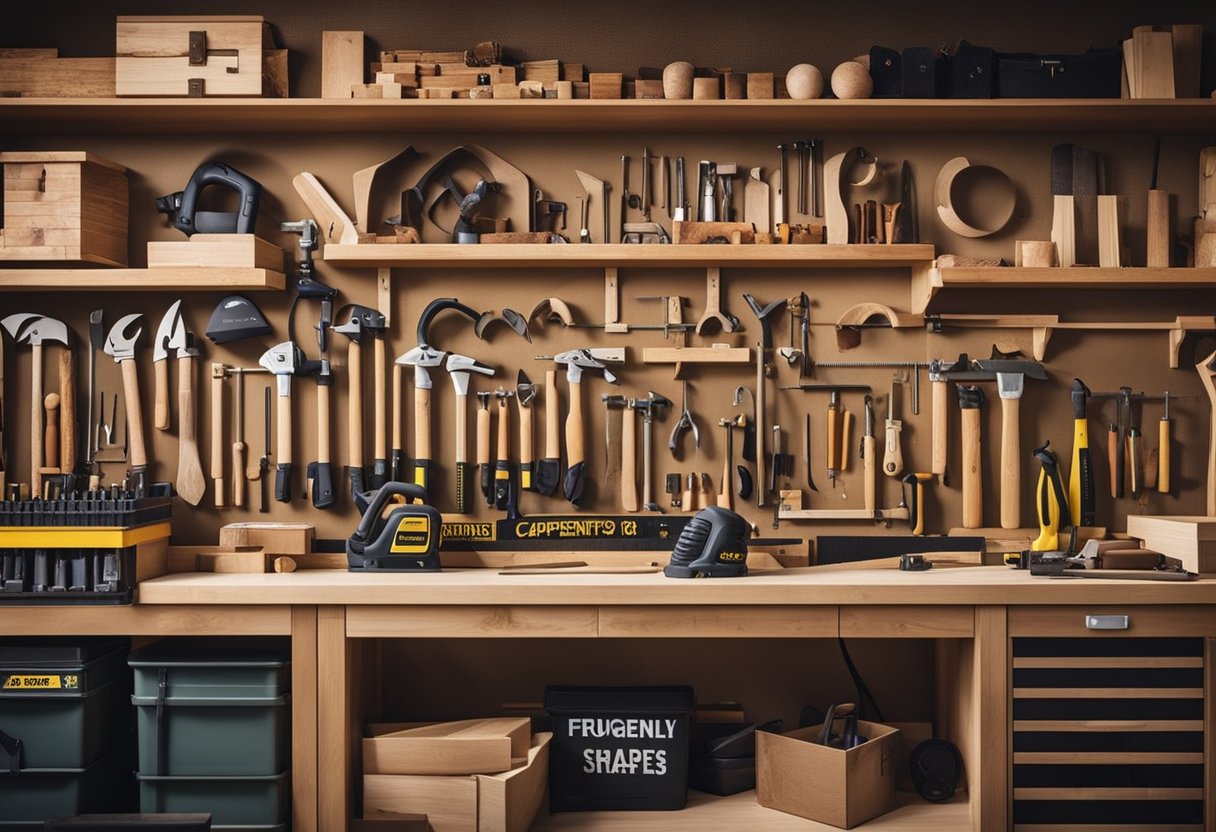 A carpentry workshop with shelves of neatly organized supplies, including various types of wood, saws, hammers, and measuring tools. A sign above reads "Frequently Asked Questions carpentry supplies singapore"