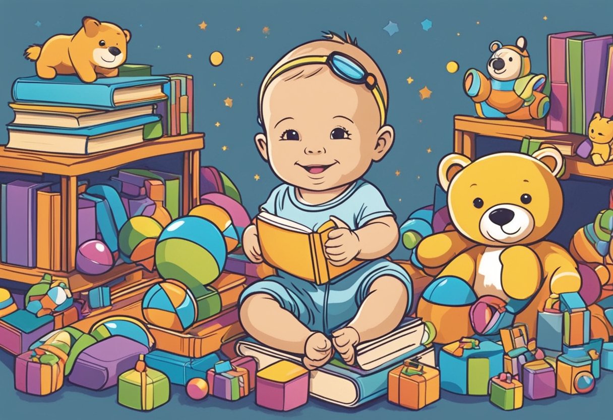 A smiling baby named Adrian surrounded by colorful toys and books