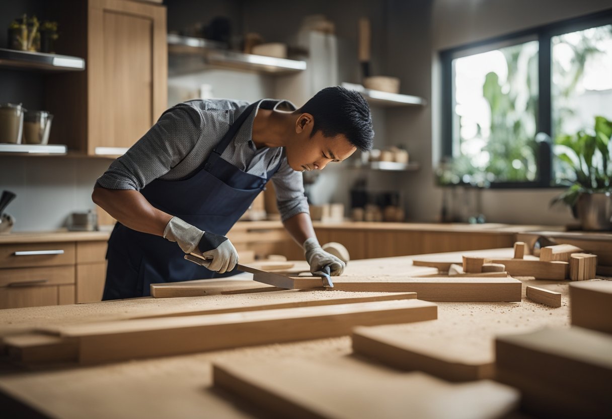 A carpenter in a Singapore kitchen, measuring, cutting, and assembling wood for cabinets and countertops. Sawdust fills the air as tools and materials lay scattered around