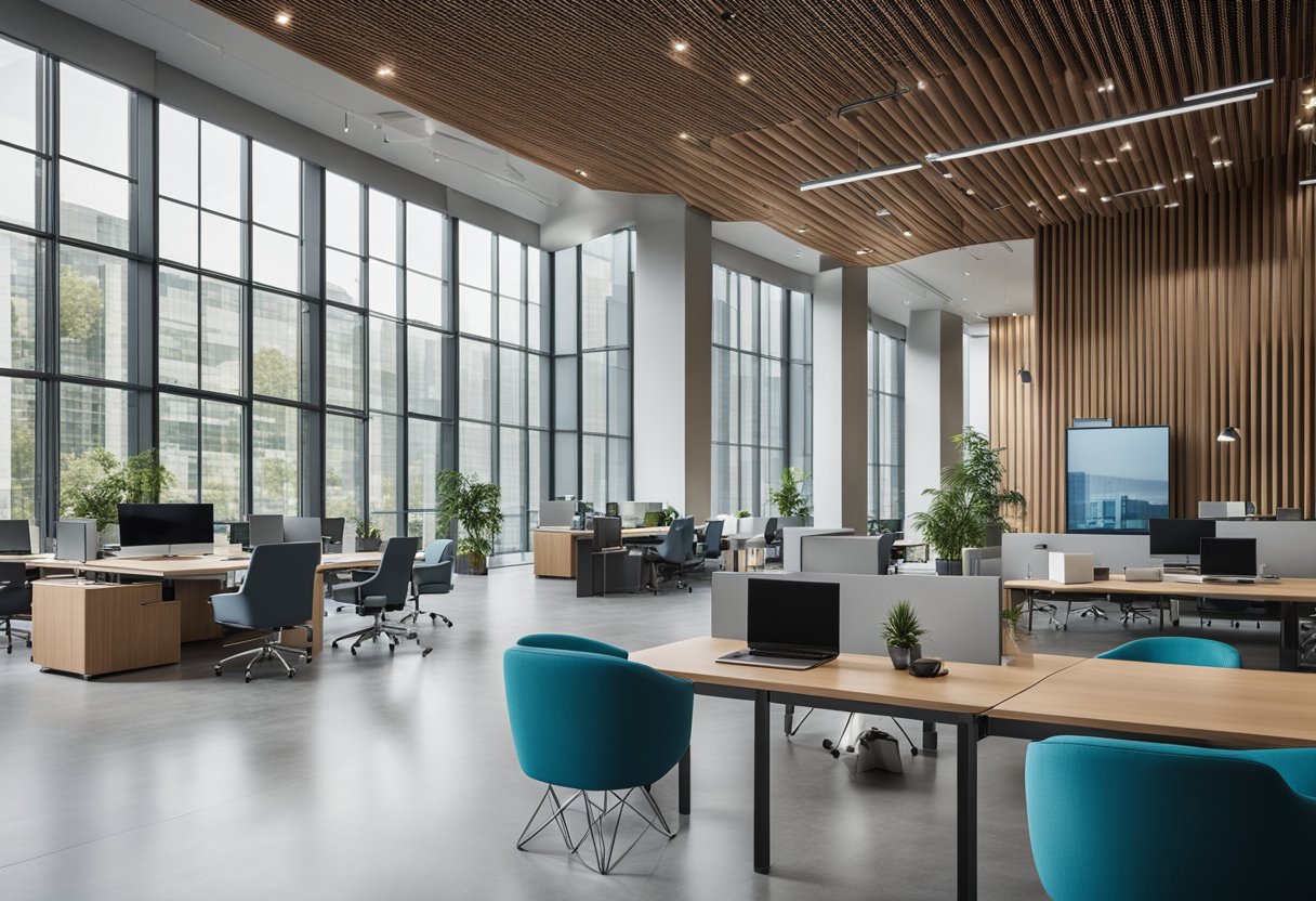 A spacious, modern corporate office with sleek, minimalist furniture, large windows, and abundant natural light. The color scheme is neutral with pops of blue and green accents