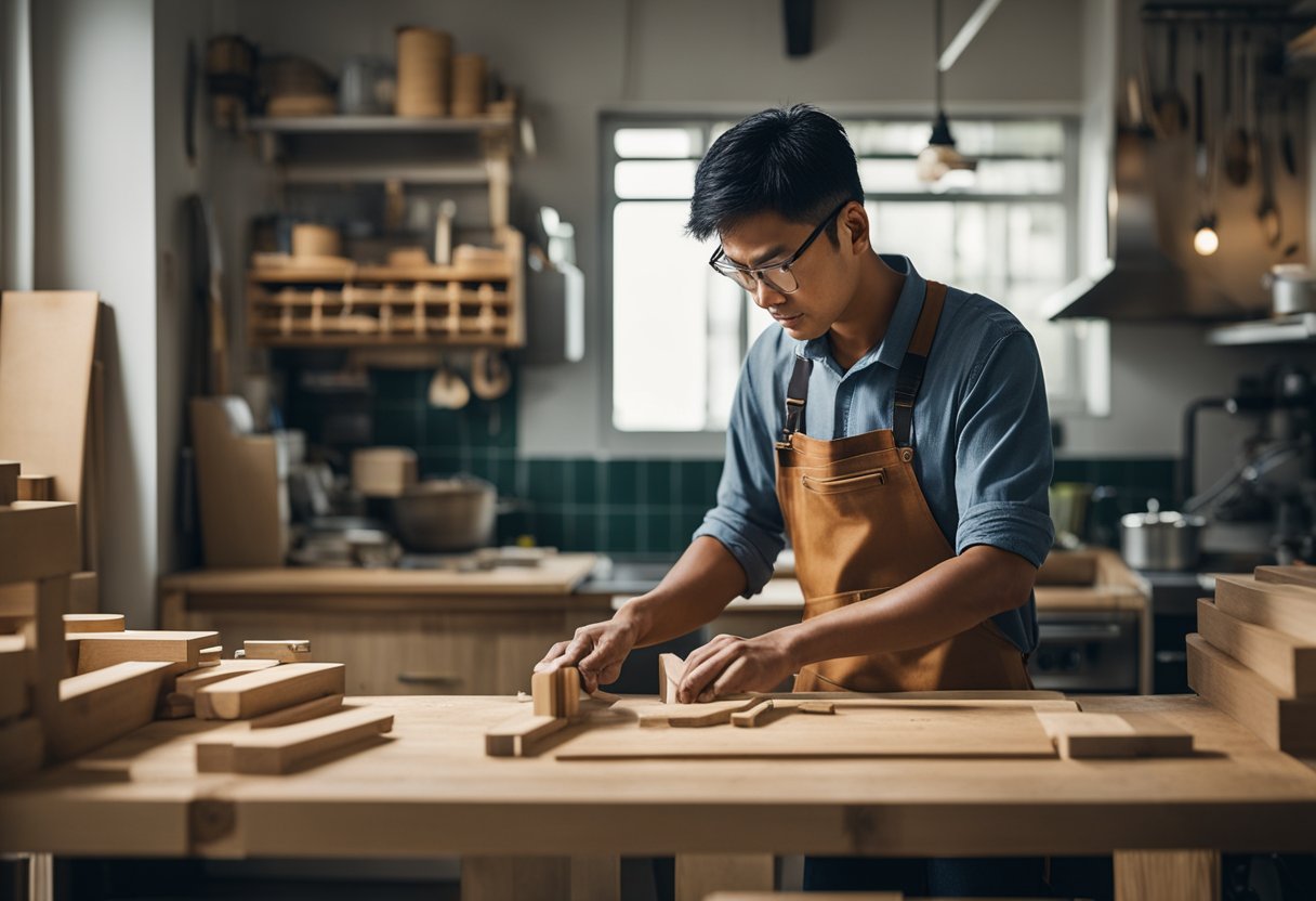 A carpenter measures, cuts, and assembles wood in a Singapore kitchen, surrounded by tools and materials