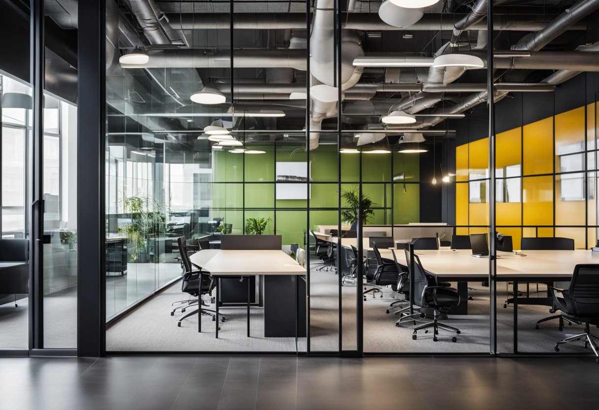 A sleek, open-concept office space with minimalist furniture, natural lighting, and pops of vibrant color. Glass partitions and modern artwork add a touch of sophistication to the innovative design