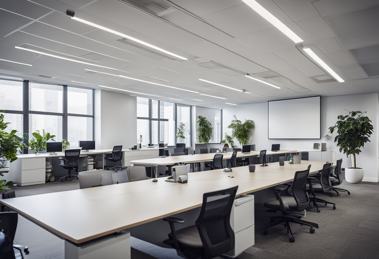 A spacious, open office layout with modular furniture and plenty of natural light. Whiteboard walls and group workstations encourage collaboration. A mix of modern and ergonomic elements promote productivity