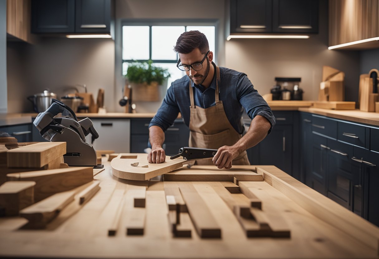 A carpenter measuring and cutting wood in a modern kitchen setting, with cabinets and tools in the background