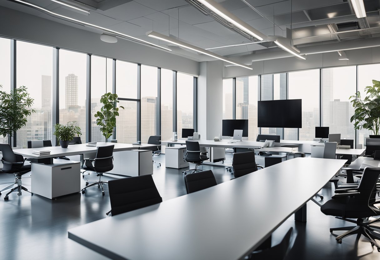 The corporate office features sleek modern furniture, a neutral color palette, and ample natural light. A large central meeting table is surrounded by ergonomic chairs, while glass partitions separate private workstations