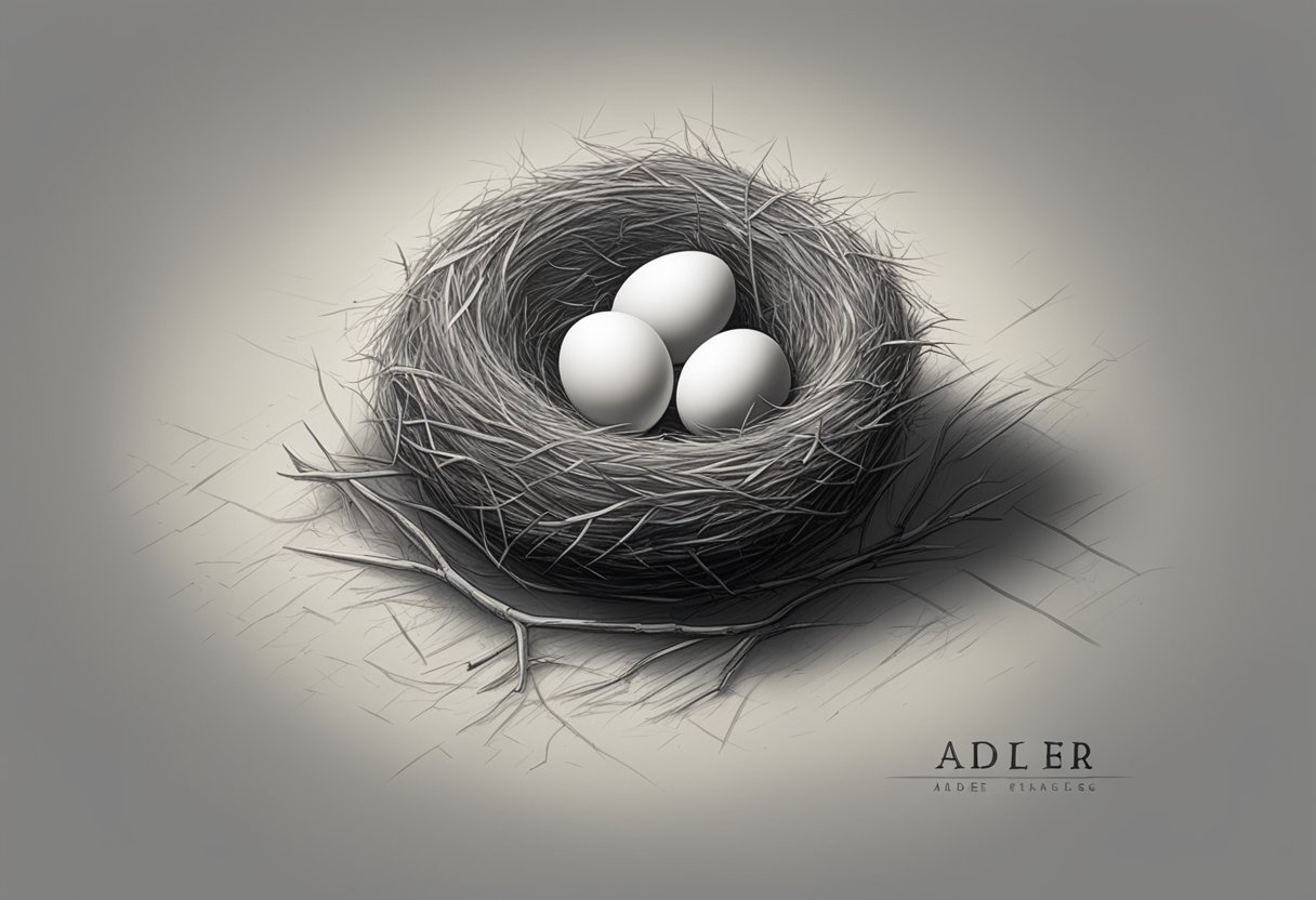 A small, fluffy nest with a single cracked egg, labeled "Adler."