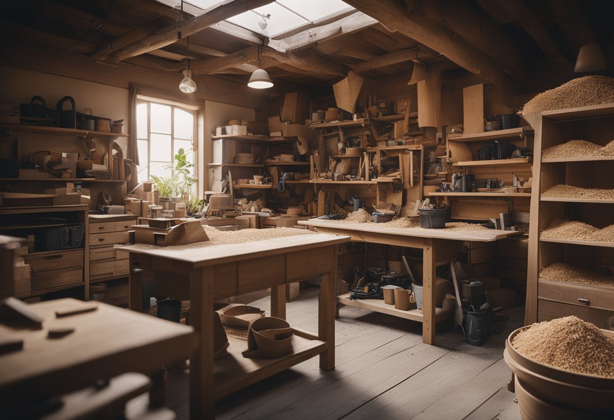 A cluttered workshop with sawdust and wood shavings, tools hanging on the walls, and unfinished wooden furniture scattered around