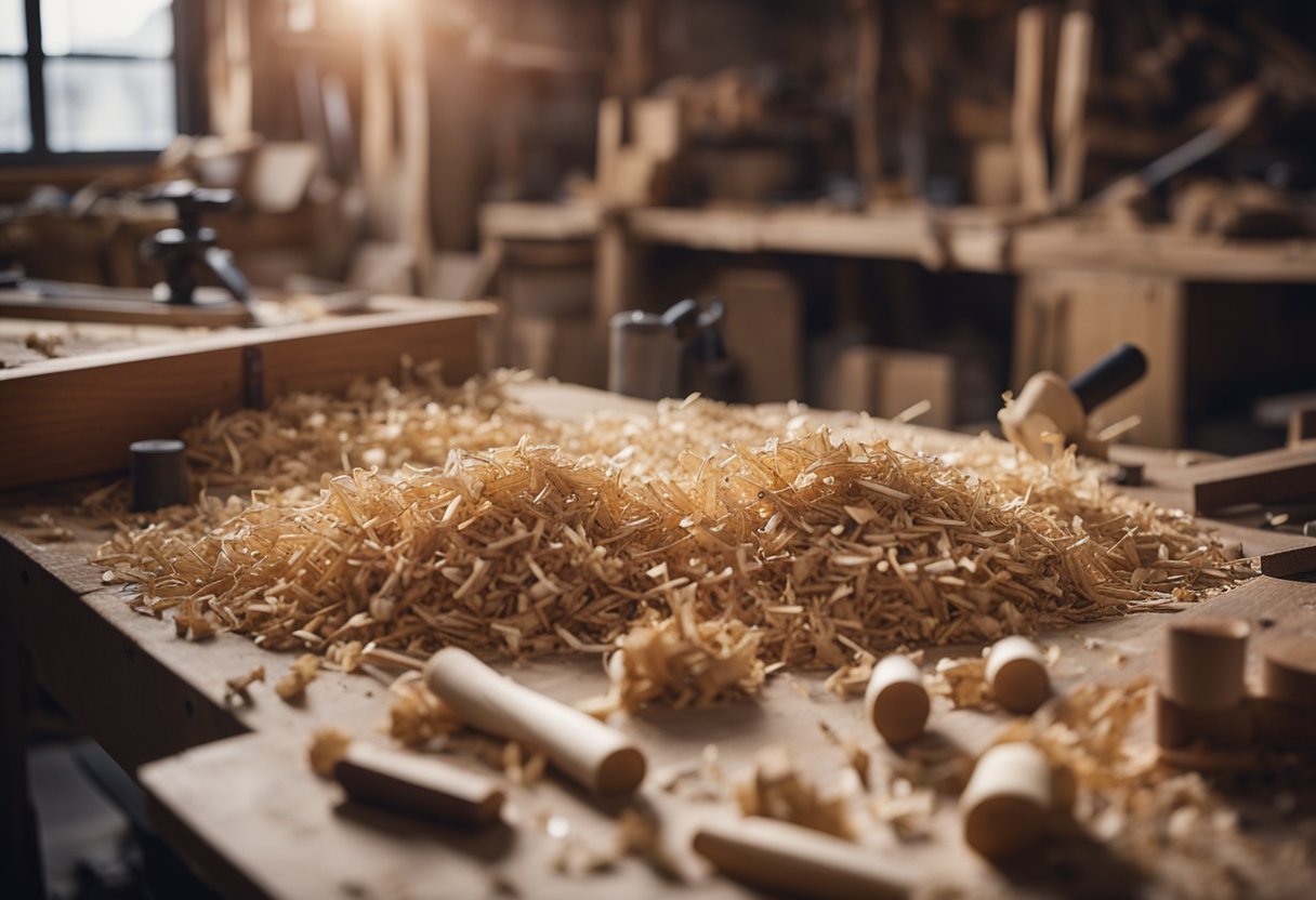 Wood shavings scatter the floor of the busy carpenter's workshop. Tools hang neatly on the walls, while sawdust fills the air. An unfinished table sits in the center, surrounded by various wooden projects in progress