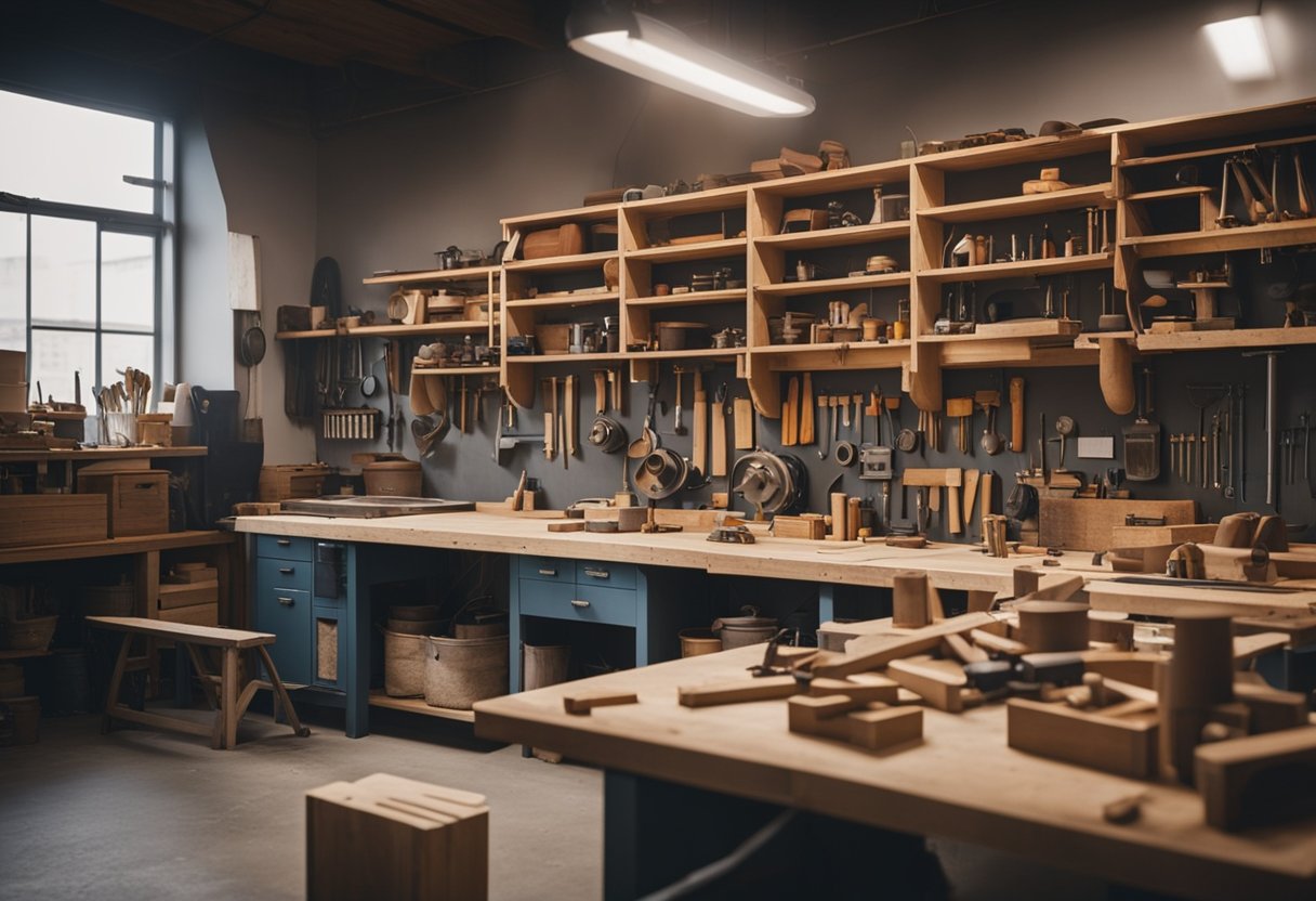 A busy carpenter's workshop with neatly organized tools, sawdust in the air, and unfinished wooden projects on workbenches