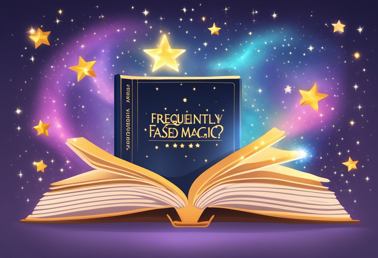 A spotlight shines on a book titled "Frequently Asked Questions Role Model Magic" surrounded by glowing stars and sparkles