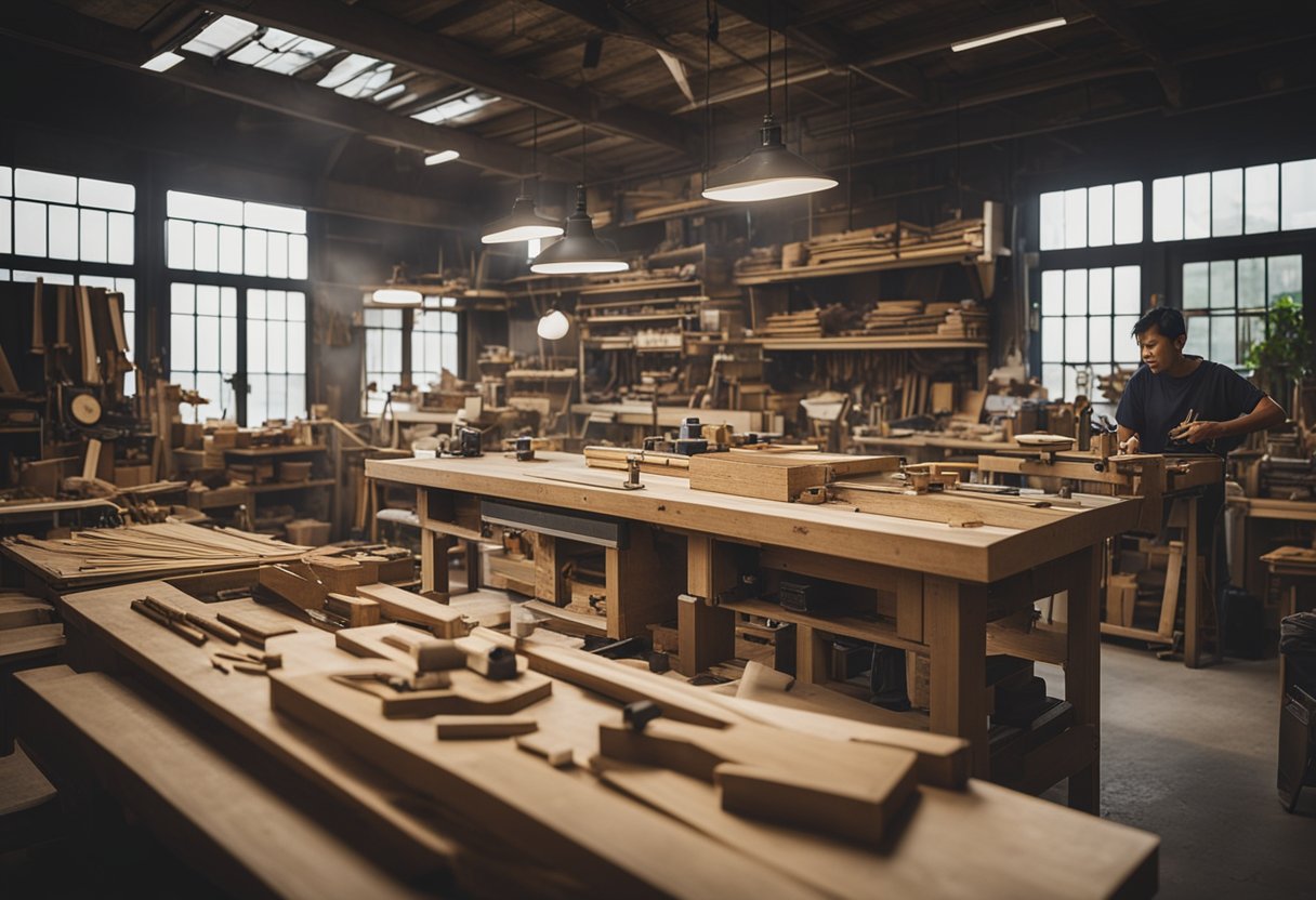 A carpenter's workshop in Singapore bustling with activity, tools scattered on workbenches, sawdust in the air, and intricate woodwork in progress