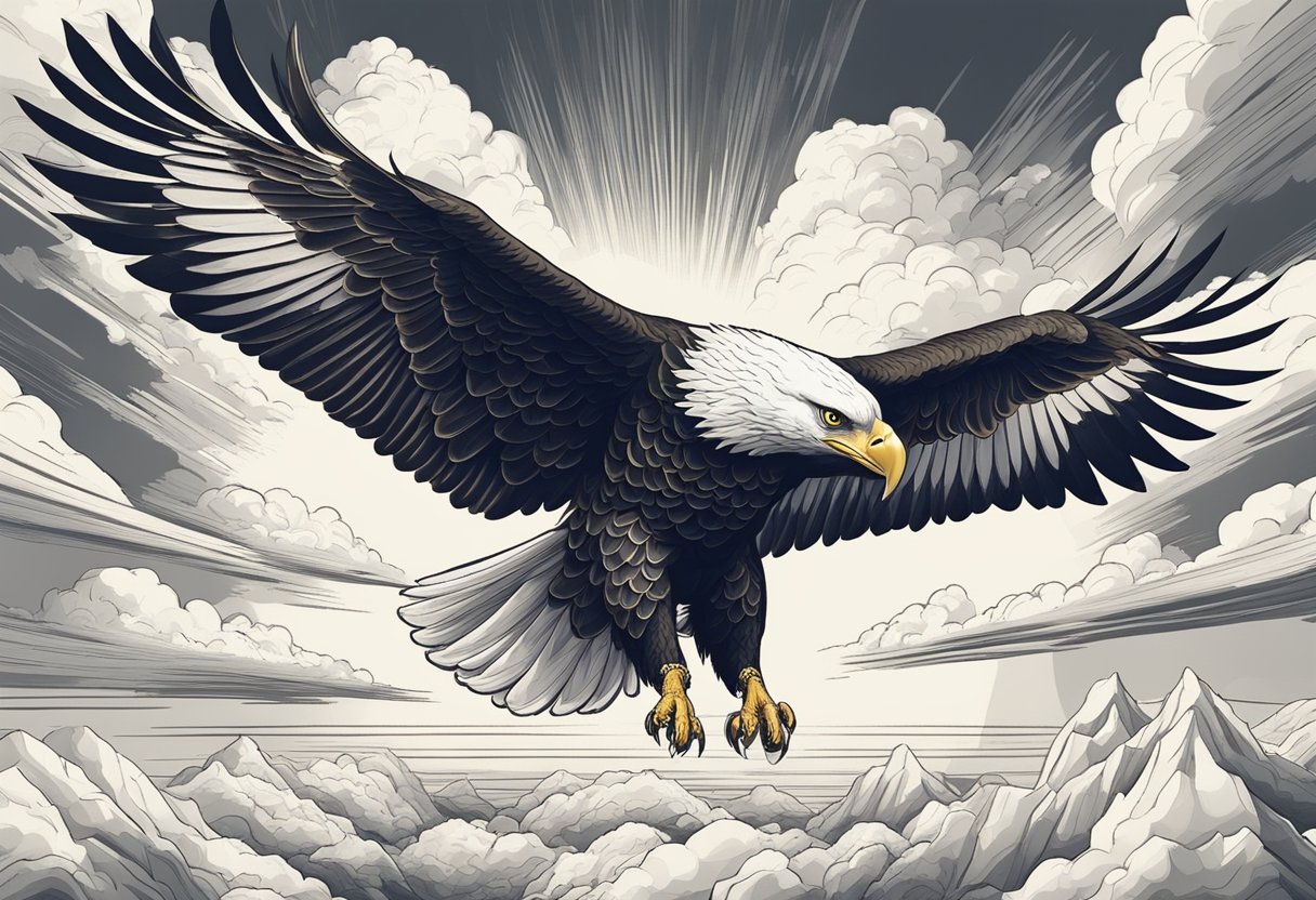 A majestic eagle soars through a sky filled with clouds, its wings outstretched and eyes focused ahead, symbolizing strength and vision
