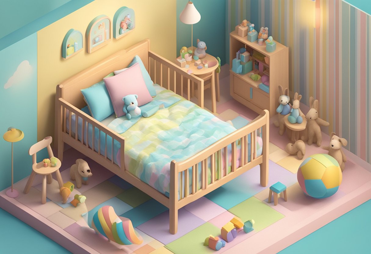 A crib with the name "Agnes" written in colorful letters, surrounded by toys and a mobile with soft, pastel colors
