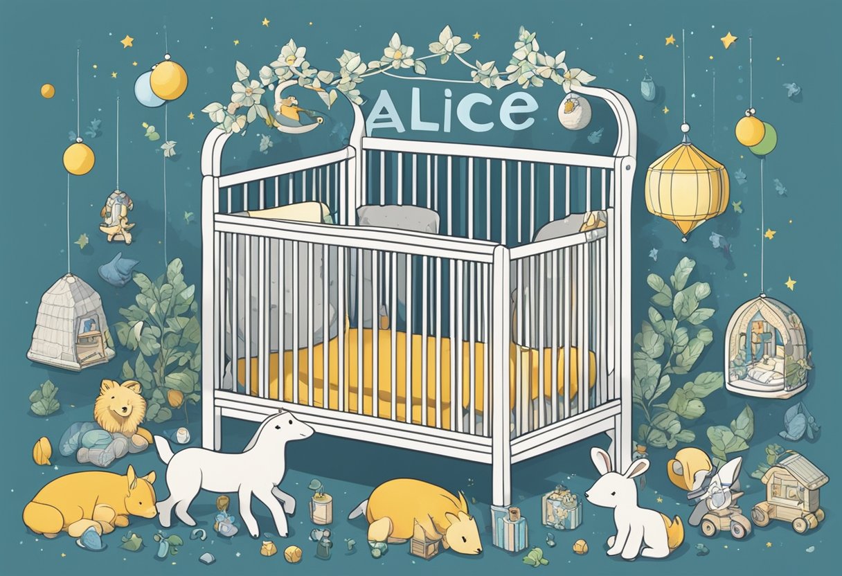 A crib with the name "Alice" written on it, surrounded by toys and a mobile hanging above