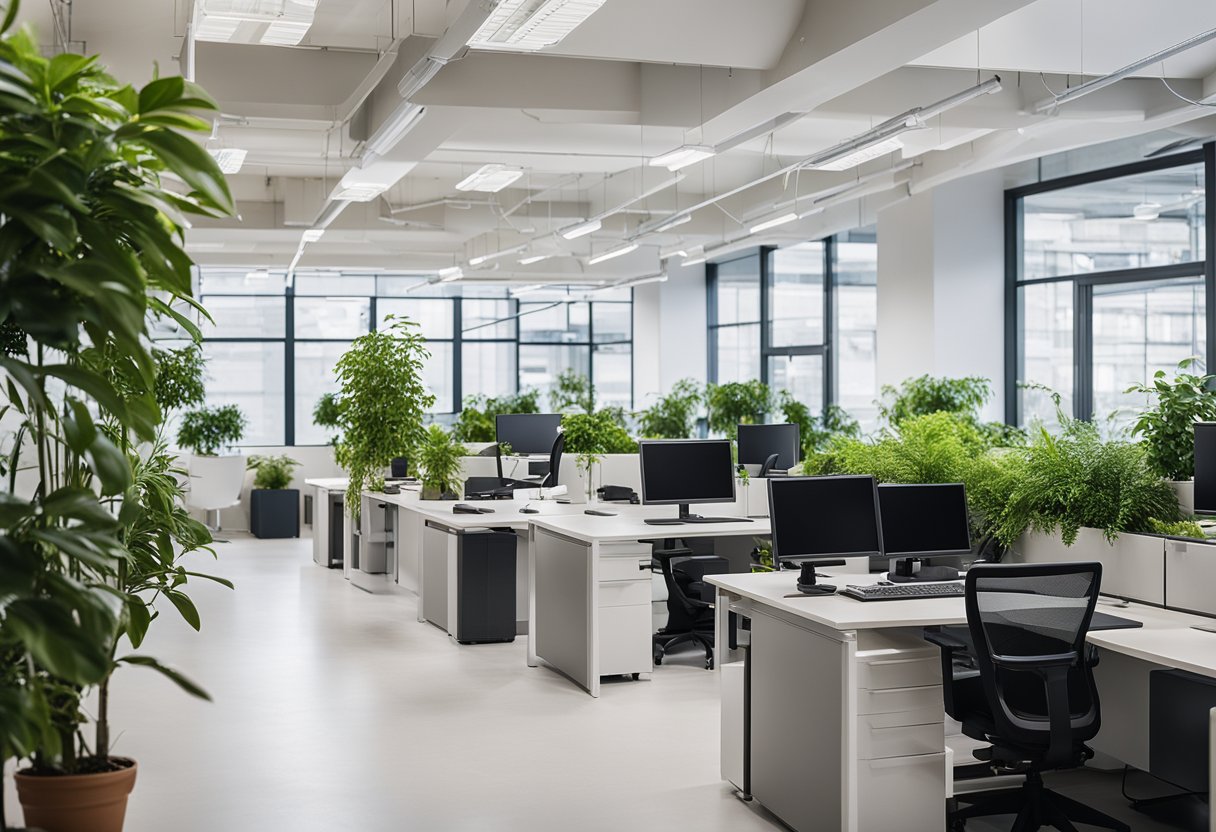 A spacious, well-lit office with ergonomic furniture, organized workstations, and green plants for a calming atmosphere. The layout promotes collaboration and focus