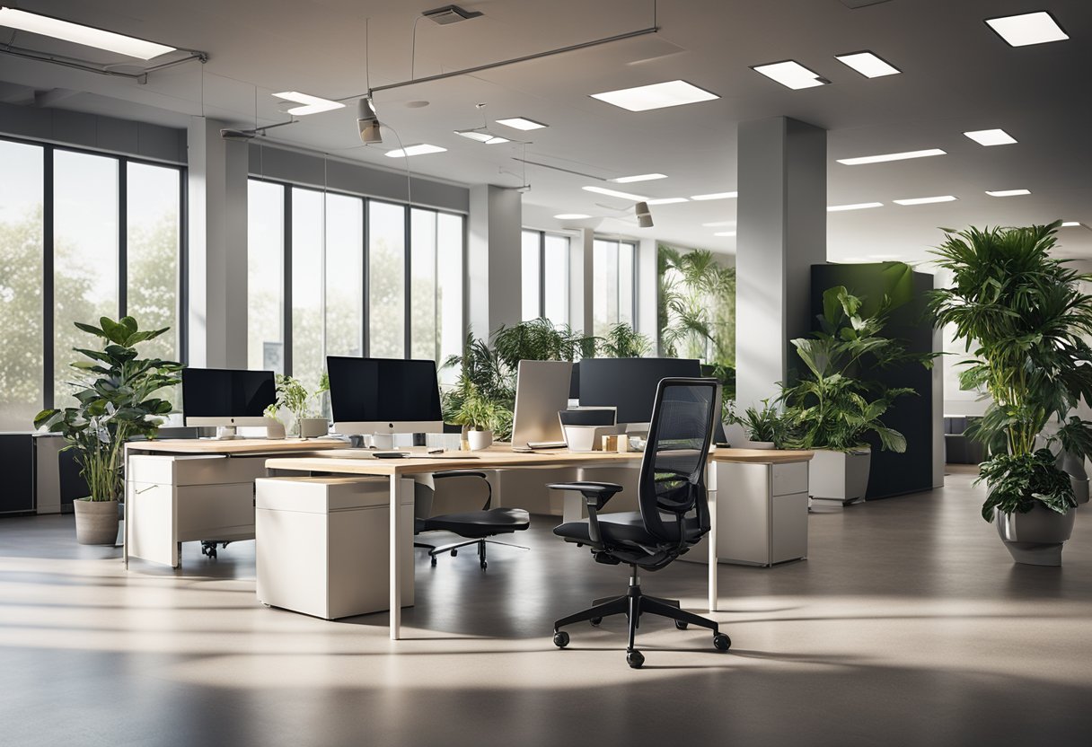 A spacious, well-lit office with ergonomic furniture and designated work zones for collaboration and focus. Plants and natural elements add a calming touch, while smart technology and adjustable desks cater to individual needs