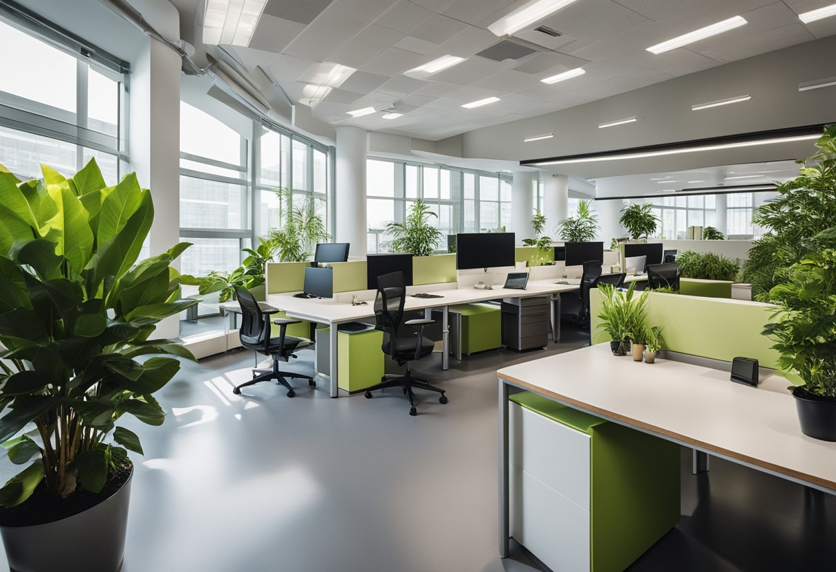 A spacious, well-lit office with ergonomic furniture, green plants, and pops of vibrant colors to promote productivity and a healthy work environment