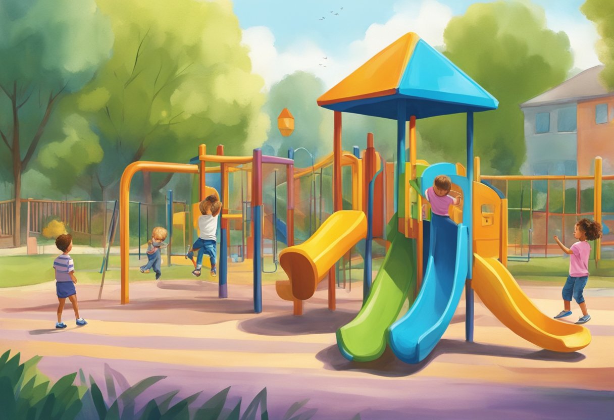 A child explores a colorful, open-ended playground, free from pressure. Parents watch from a distance, allowing independence and curiosity to flourish