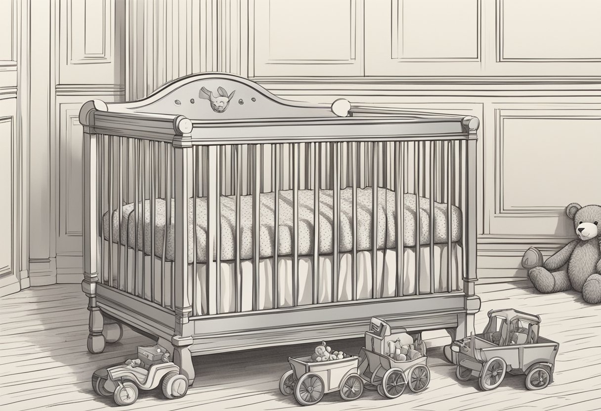 A crib with the name "Alexander" engraved on it, surrounded by toys and a soft blanket