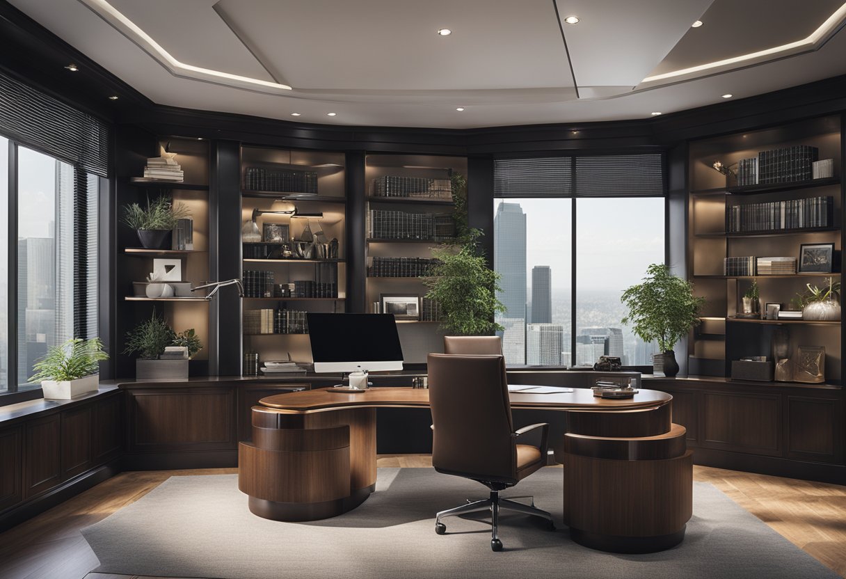 The CEO's office features a modern desk, leather chair, and large windows with a view. The walls are adorned with abstract art and bookshelves line one side
