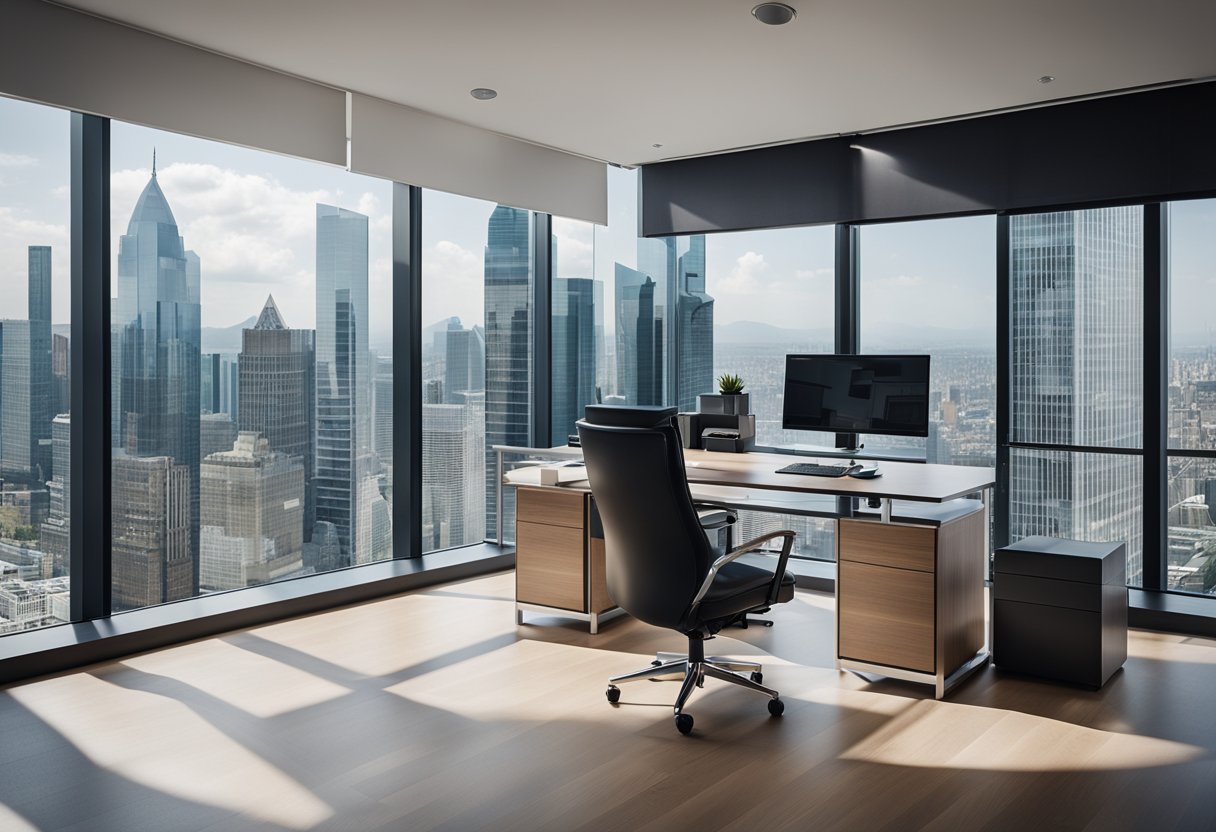 A modern CEO office with sleek furniture, large windows, and minimalistic decor. A large desk with a computer, a comfortable seating area, and a view of the city skyline
