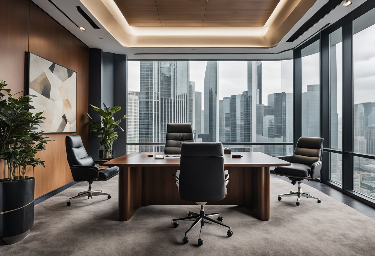 The CEO office features a sleek, modern desk with a polished wood finish, surrounded by leather chairs. The walls are adorned with abstract art and the floor is covered in a plush, neutral-colored carpet