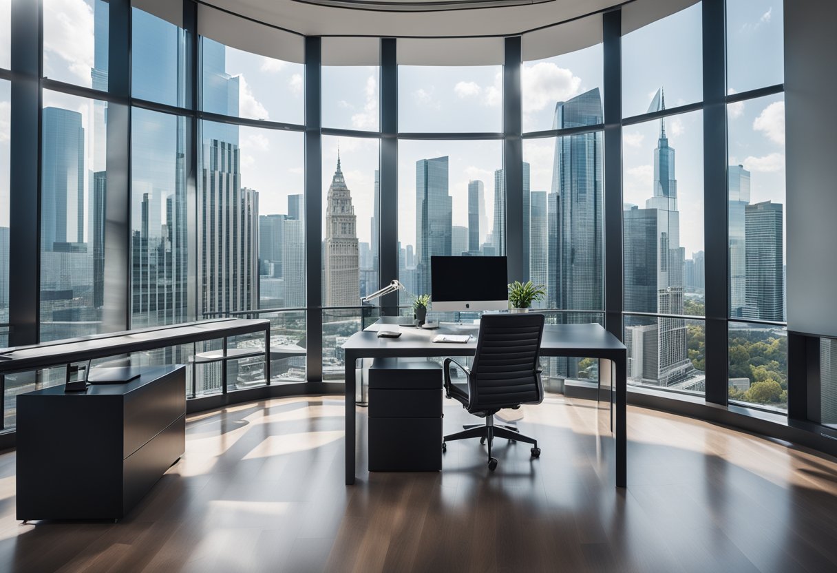 A modern CEO office with sleek furniture, a large desk, and floor-to-ceiling windows showcasing a city skyline