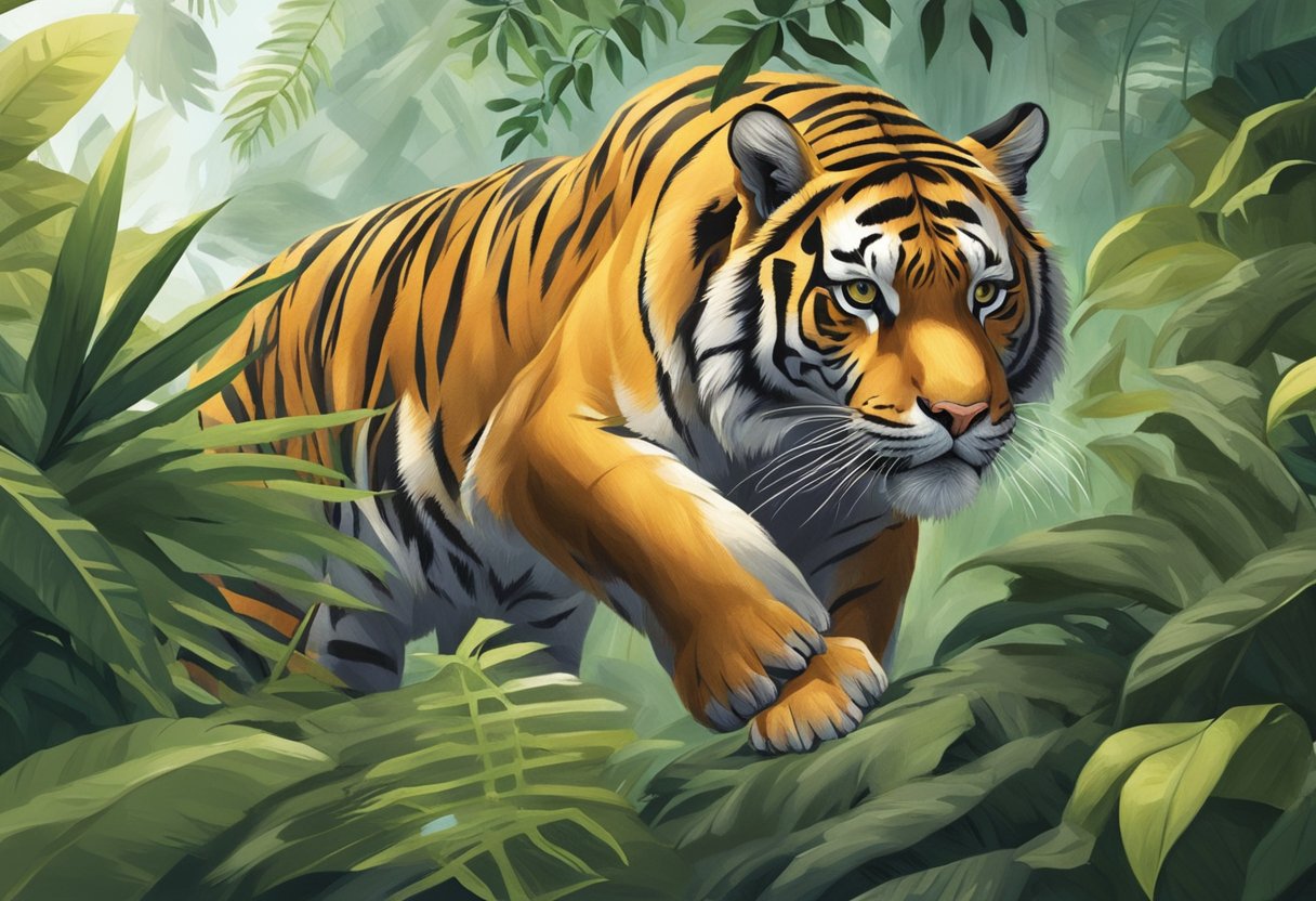 A young tiger navigating through a dense jungle, avoiding obstacles, and exploring new territories