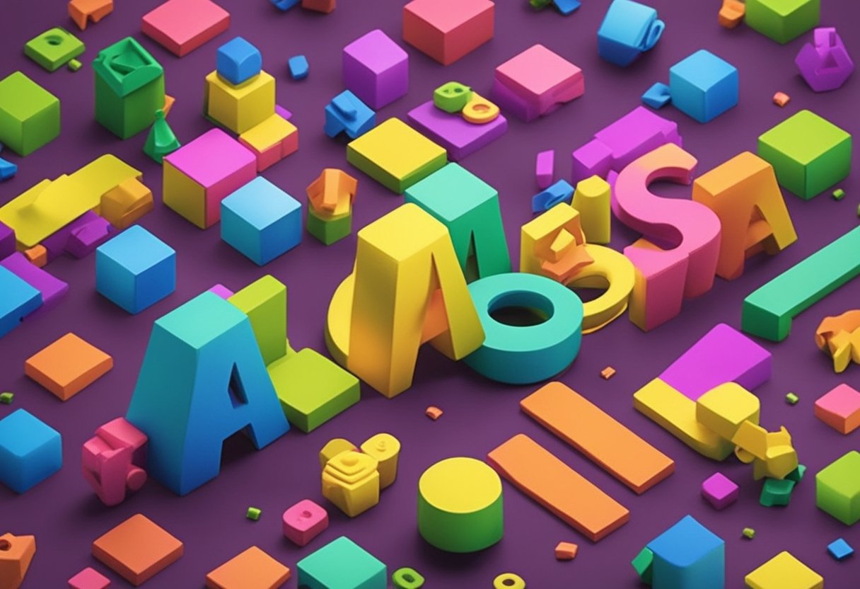 Alyssa's name written in colorful block letters with toys scattered around
