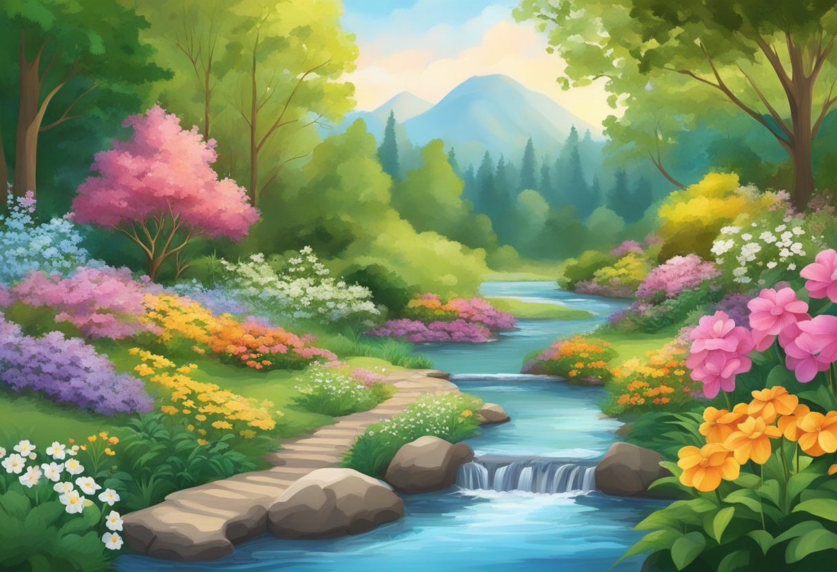 A serene garden with colorful flowers and a calm, flowing stream, surrounded by trees and wildlife. A sense of peace and tranquility radiates from the scene