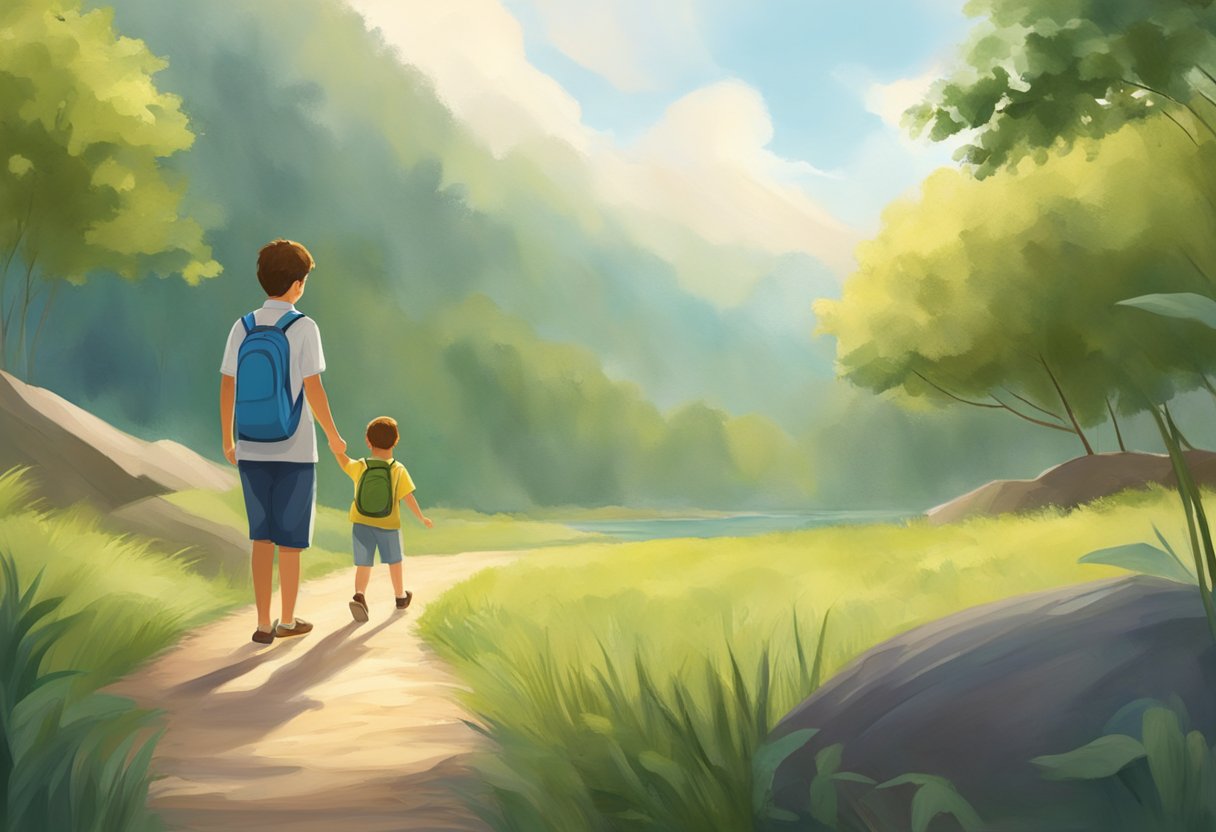 A child happily explores nature while a parent watches from a distance, offering gentle guidance and support. The atmosphere is calm and nurturing, promoting independence and curiosity
