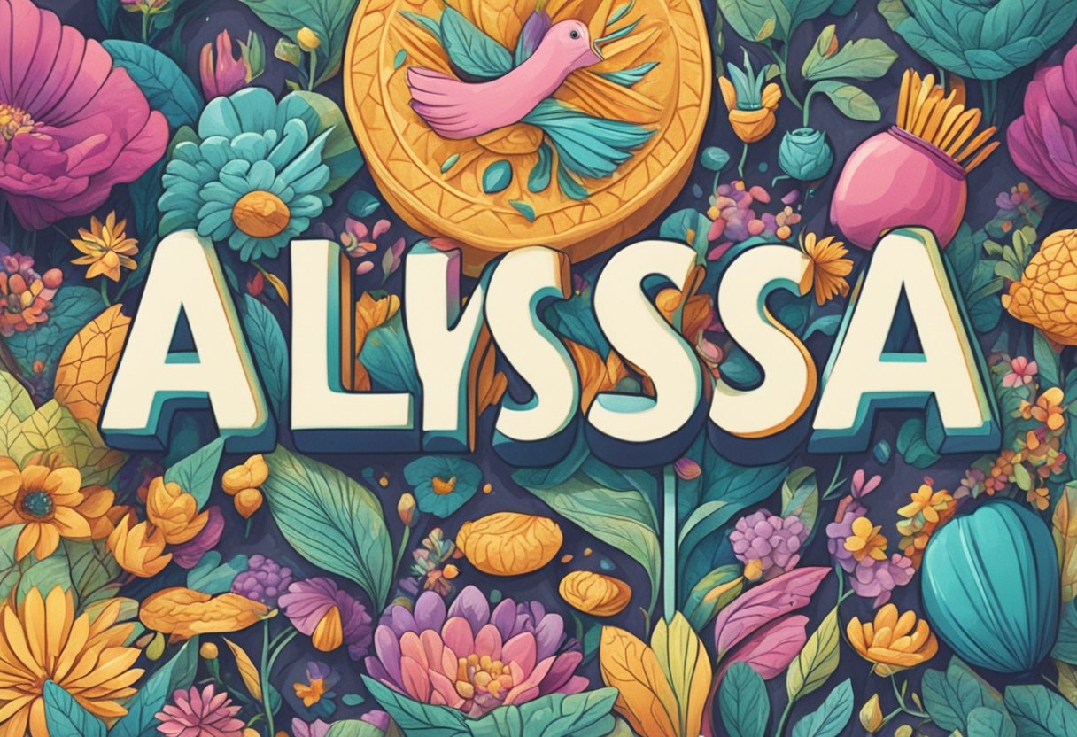 A banner with the name "Alyssa" in bold, colorful letters surrounded by playful and whimsical illustrations