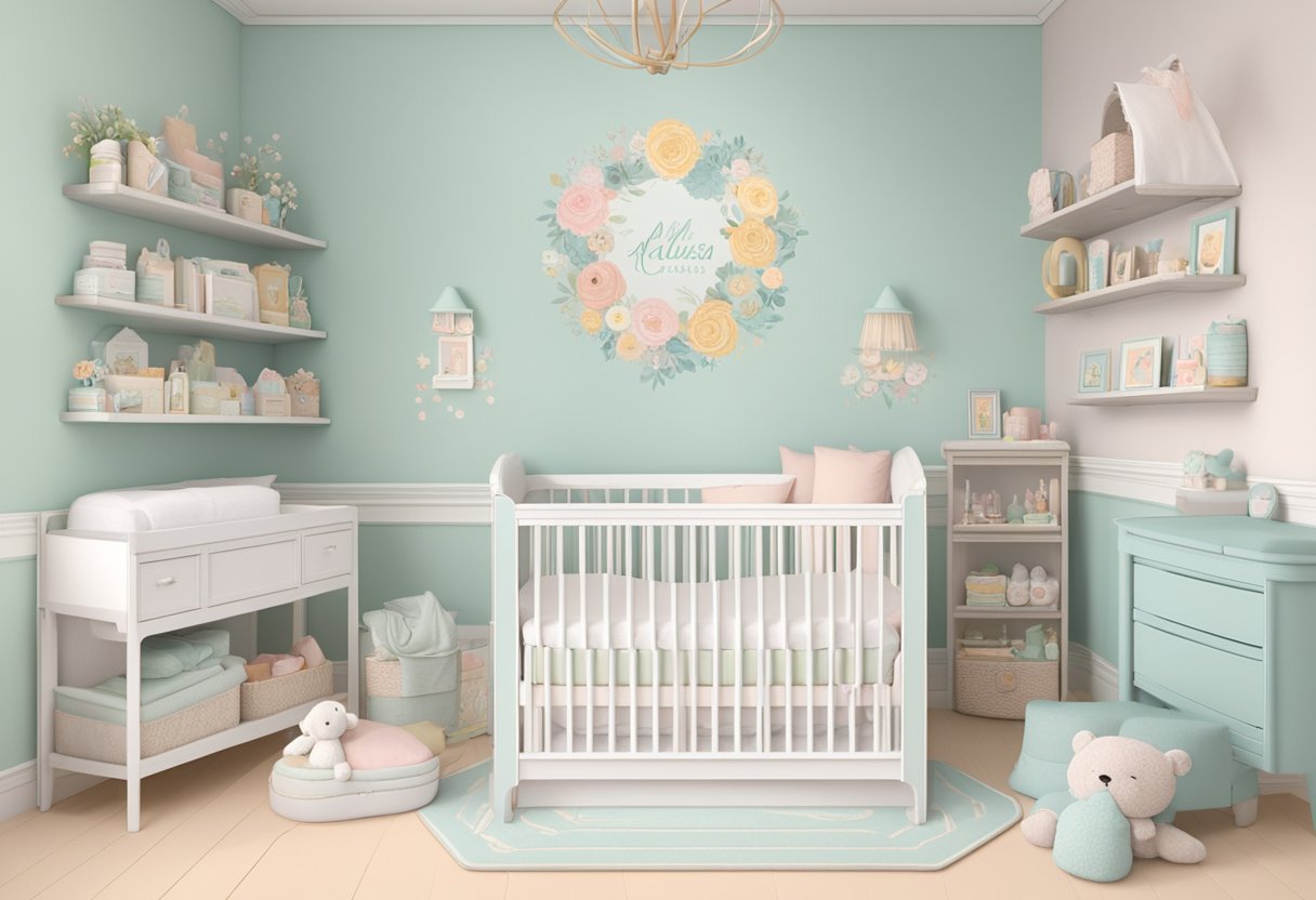 Alyssa: a whimsical font swirls around a baby's nursery, surrounded by soft pastel colors and delicate floral patterns. A book of baby names sits open on the changing table, inspiring parents-to-be