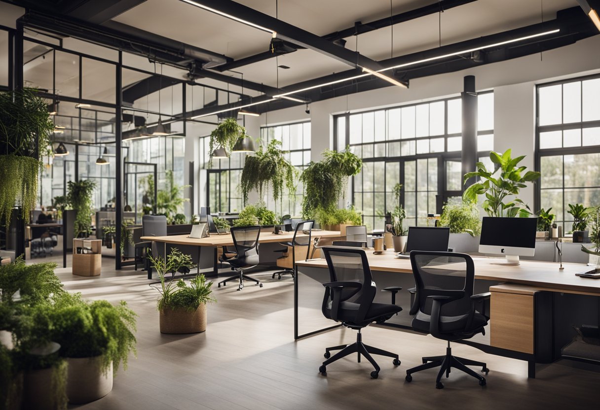 A modern coworking space with open floor plan, natural light, and diverse workstations. Glass partitions and greenery create a collaborative and energizing environment