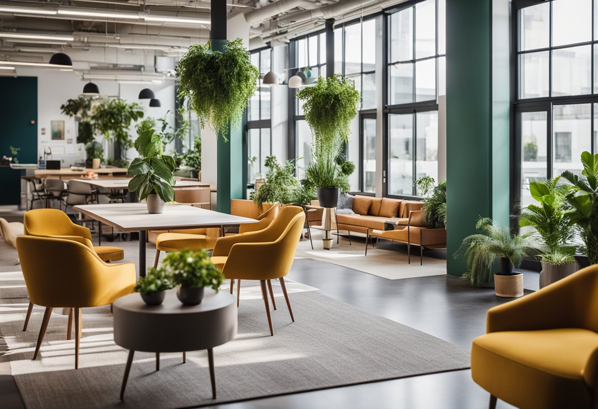 A vibrant, open layout with modern furniture, natural light, and collaborative work areas. A mix of private and shared spaces, with pops of color and greenery throughout