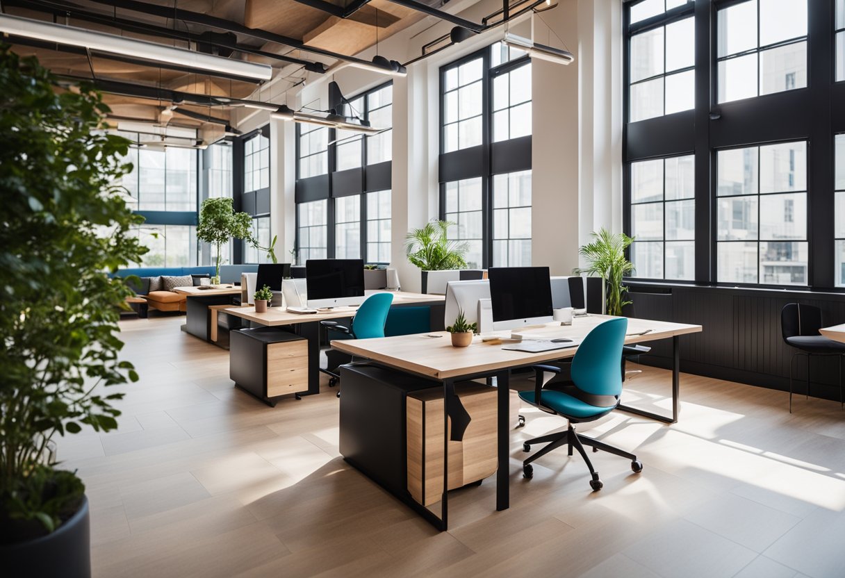 A modern, open-plan coworking space with sleek, minimalist furniture, vibrant pops of color, and plenty of natural light streaming in through large windows