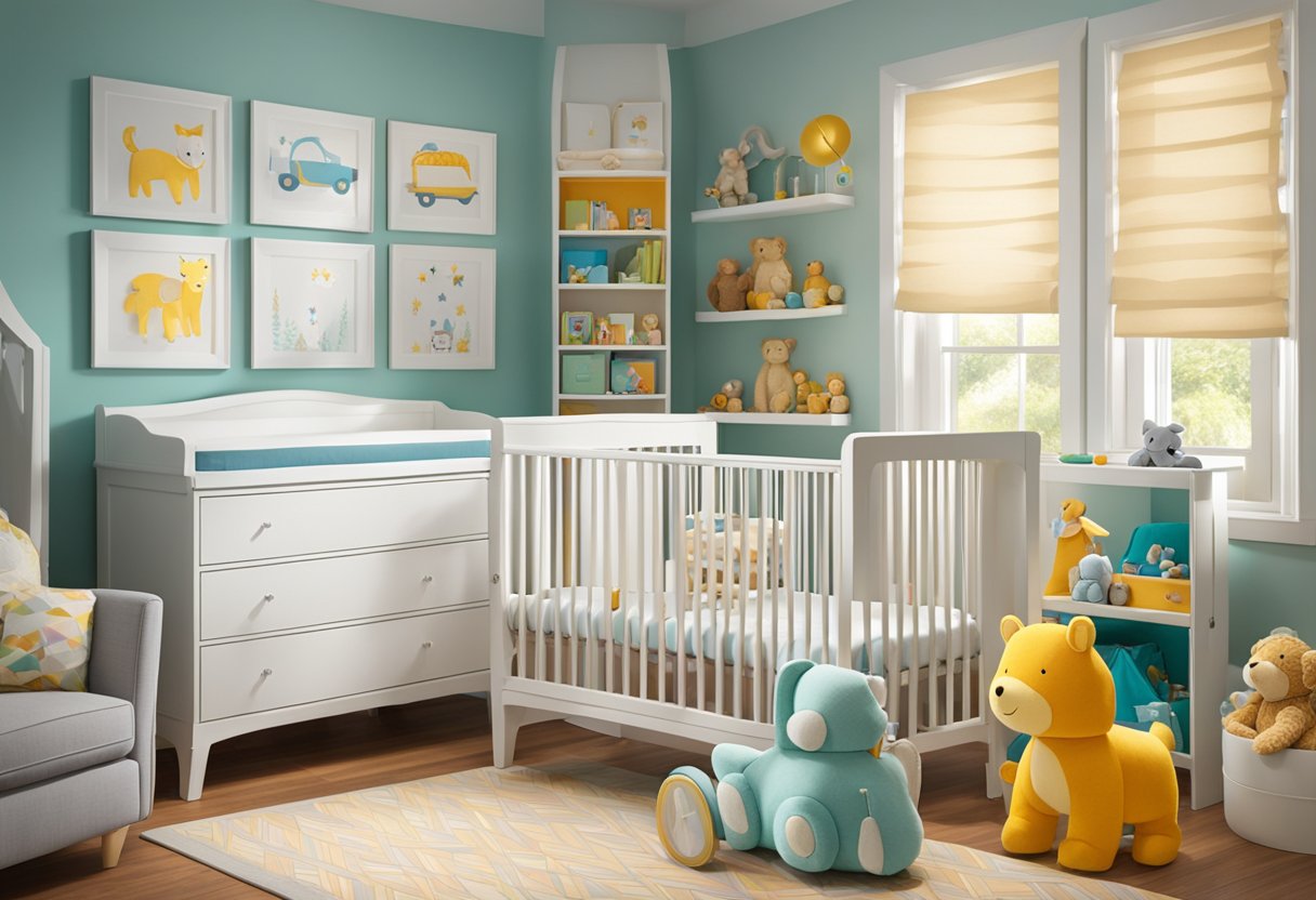 A bright, colorful nursery with a crib, toys, and a name plaque "Alden" on the wall