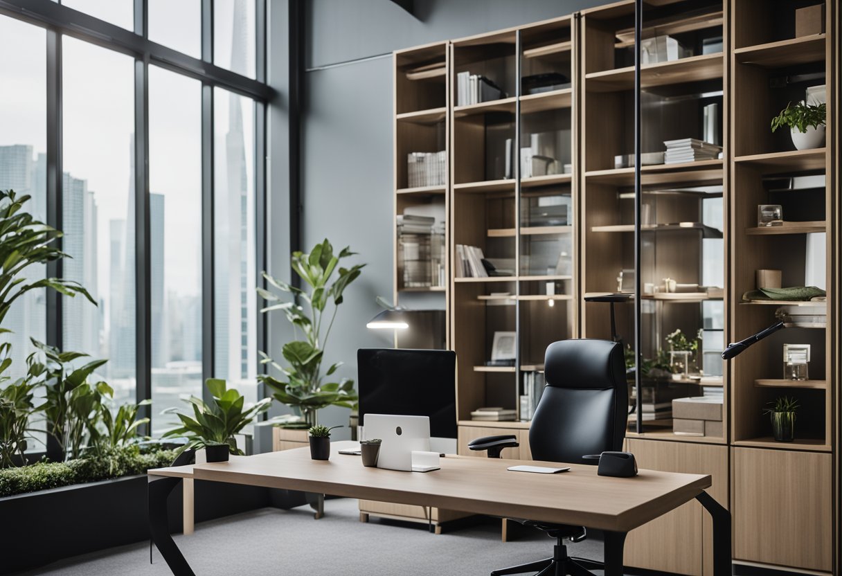 A modern office space in Singapore with sleek designer furniture and clean lines. A minimalist desk with a high-back chair, a stylish bookshelf, and a contemporary lighting fixture