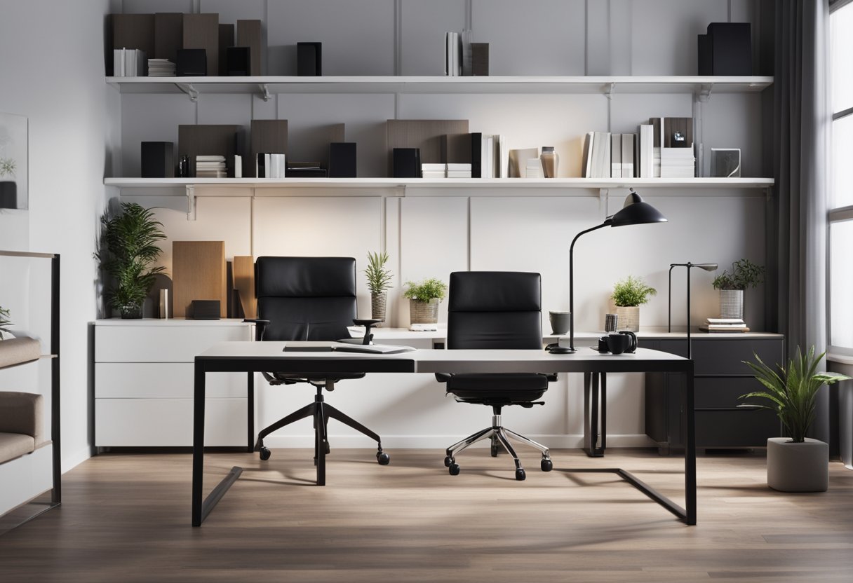 A sleek, modern office space with minimalist furniture and clean lines. A large desk with a designer chair, surrounded by shelves of stylish decor